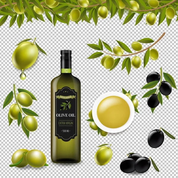 Set Grande Con Olive Ramo Con Olio Vergine Oliva Bottiglia — Vettoriale Stock