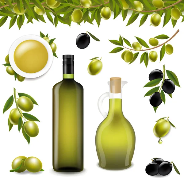 Grand Ensemble Avec Des Olives Branche Avec Fond Blanc Avec — Image vectorielle