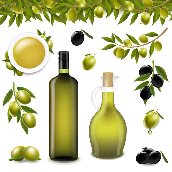 Big Set With Branch Olives And With White background With Gradient Mesh, Vector Illustration