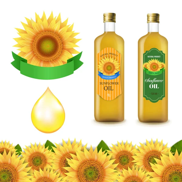 Sunflowers Olive Oils Bottle White Labels Border Isolated White Background — Stock Vector
