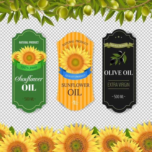 Zonnebloemen Olijfolie Etiketten Met Geisoleerde Transparante Achtergrond Met Gradiënt Mesh — Stockvector