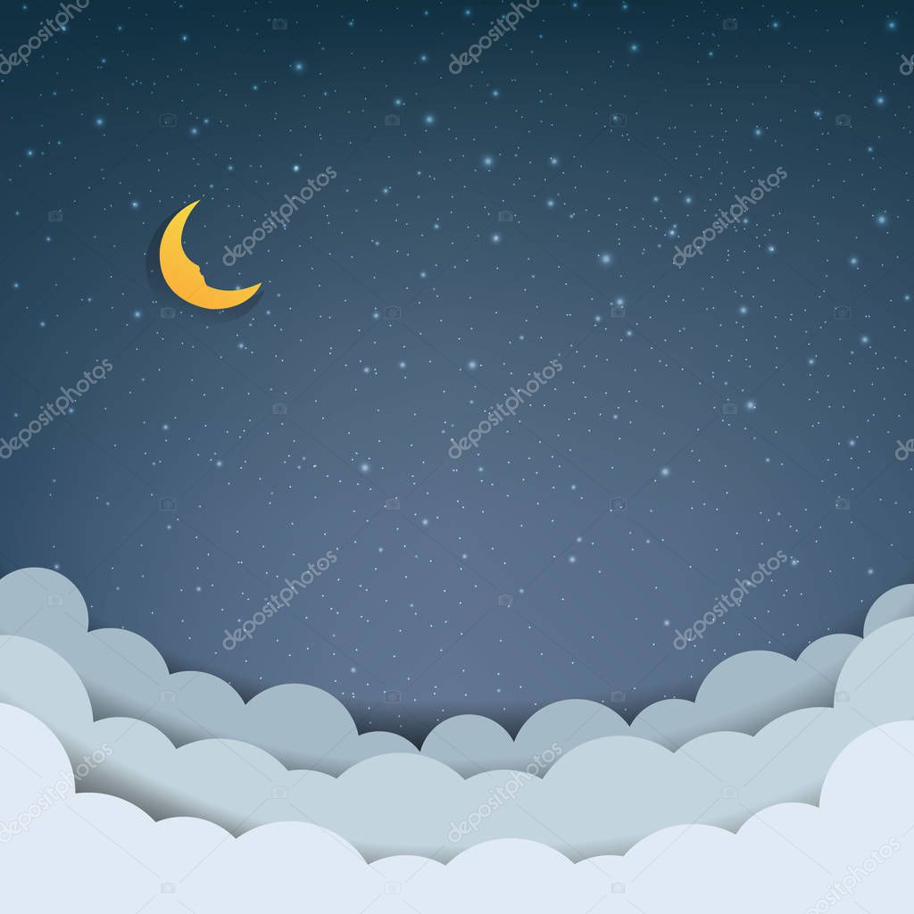 Cartoon Sky With Stars And Clouds With Gradient Mesh, Vector Illustratio