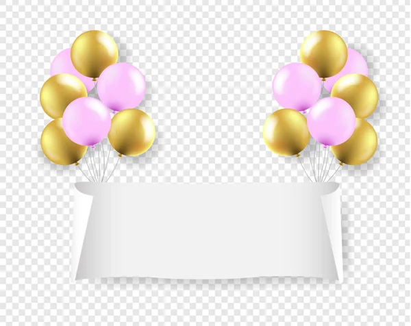 Banner de papel branco com balões rosa e dourado Fundo transparente —  Vetores de Stock