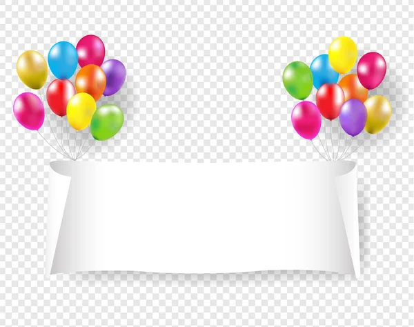 Bílý papírový prapor s růžovými a zlatými balónky průsvitné pozadí — Stockový vektor