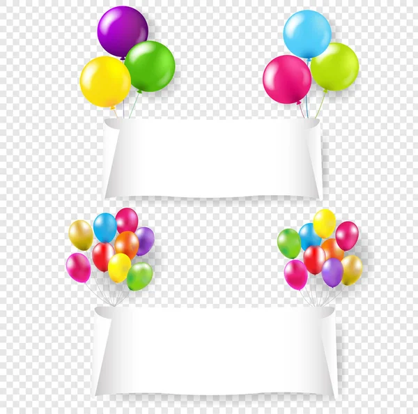 具有彩色气球透明背景的白纸横幅 — 图库矢量图片
