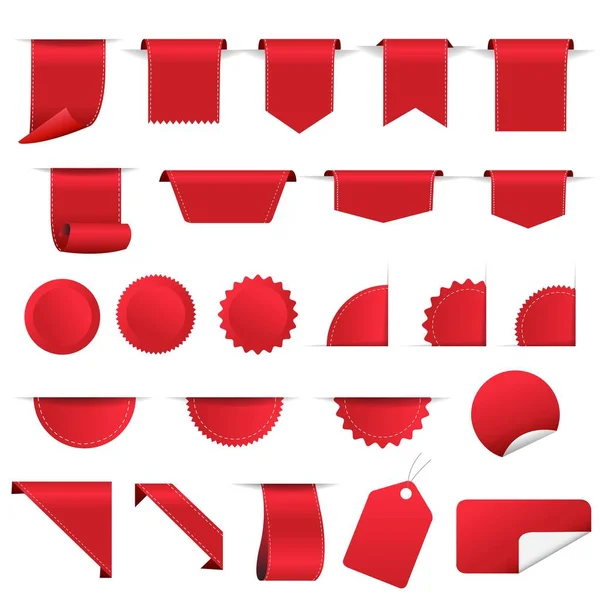 Rosso Vendita Etichette e nastro Set sfondo bianco — Vettoriale Stock