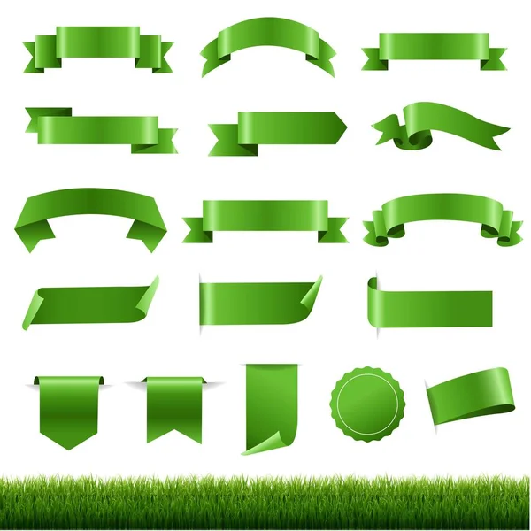 Green Labels and Ribbon Set with Green Grass Border White background — стоковий вектор