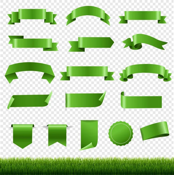 Πράσινο ετικέτες και Κορδέλα Σετ με πράσινο γρασίδι σύνορα διαφανές φόντο — Διανυσματικό Αρχείο