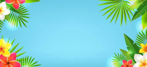 Hojas tropicales y flores tropicales con fondo azul — Vector de stock