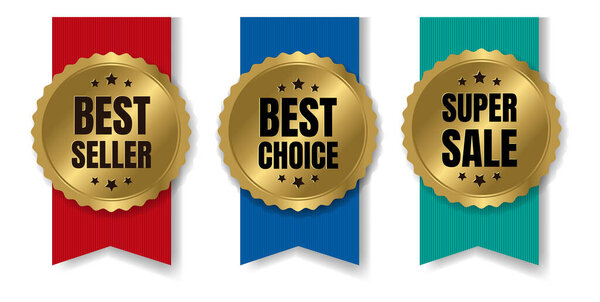 Gold Bestseller And Sale Badge With Ribbon White Background With Gradient Mesh, Vector Illustration