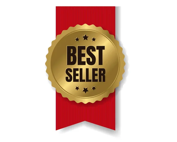 Badge Bestseller in oro con nastro e sfondo bianco — Vettoriale Stock