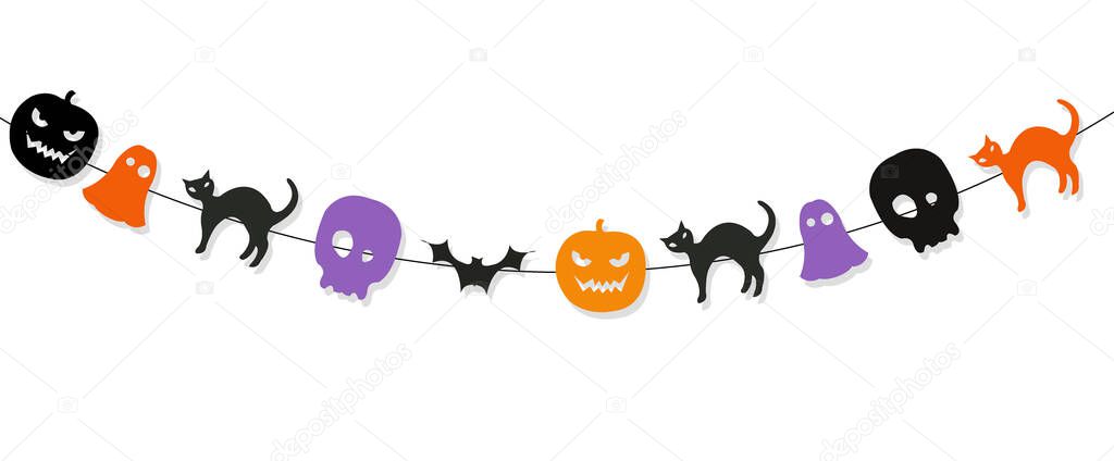 Happy Halloween Bunting Flags Isolated White Background, Vector Illustration