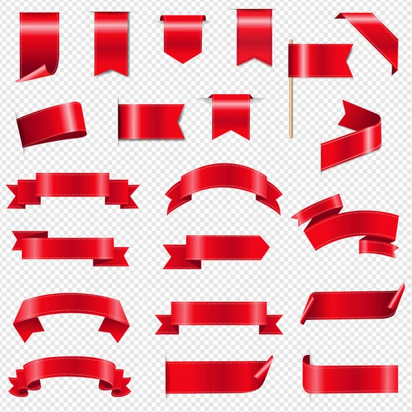 Шовкові червоні стрічки і мітки прозорий фон — стоковий вектор