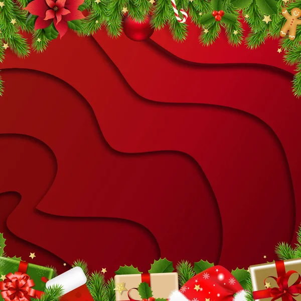 Firavun Ağacı Kırmızı Arkaplanlı Noel Sınırı — Stok Vektör
