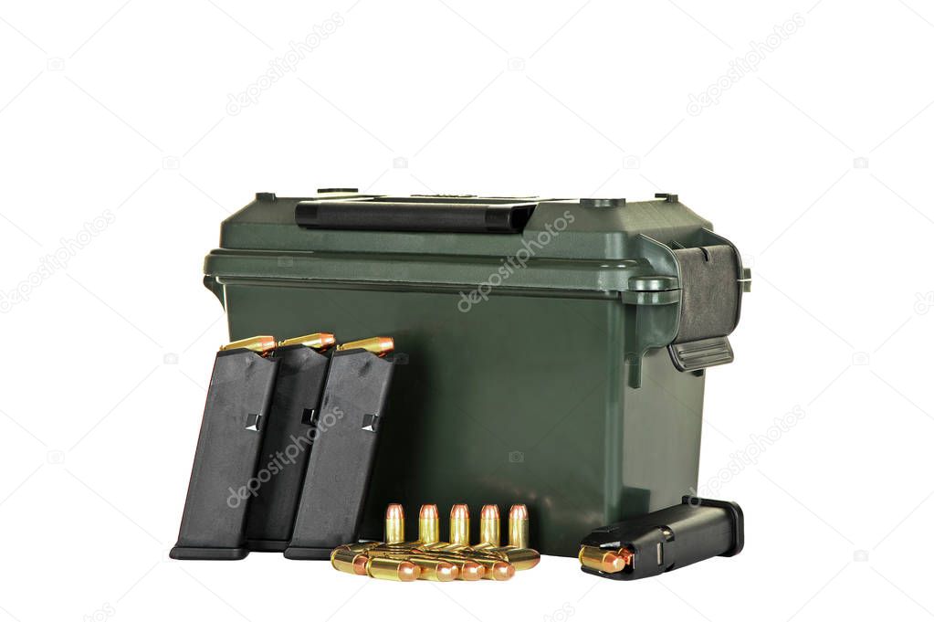 Ammo Box and Four Loaded High Capacity Handgun Magazines with Extra Bullets isolated on WHite Background