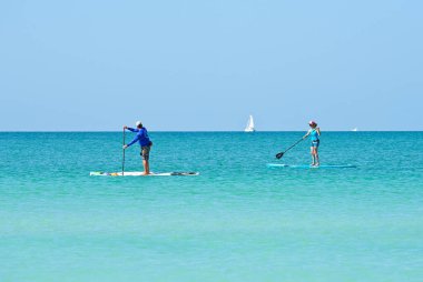Anna Maria Adası, FL / USA - 30 Nisan 2019: Güzel Güneşli bir günde Meksika açıklarındaki Körfez Tahtasında kürek çeken bir adam ve kadın 