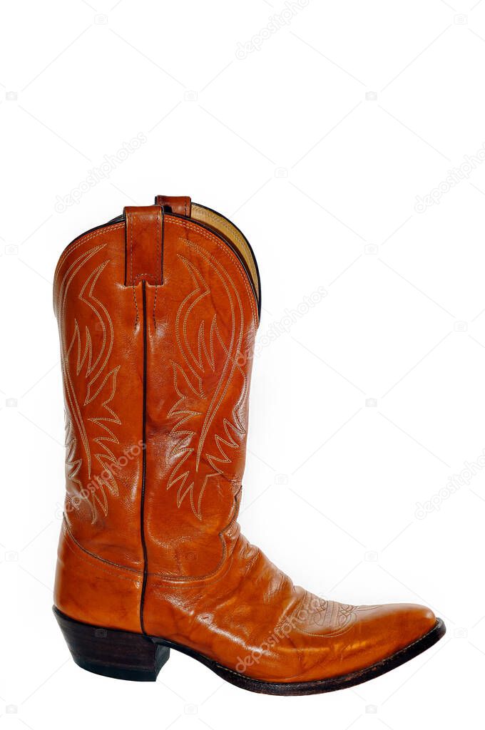 Men's Brown Leather Cowboy Boot isolated on a White Background                                  