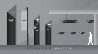 iç ve dış cephe tabela mavi grafik. Yön, kutup, wall mount ve trafik sinyal sistem tasarım şablonu kümesi. logo, metin, renk kurumsal kimlik için boş alan