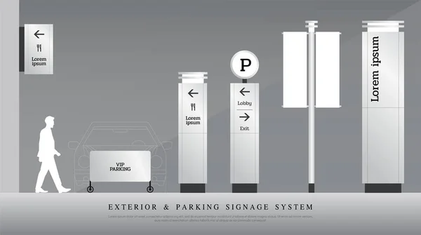 Sinalização Exterior Estacionamento Direcional Pólo Conjunto Modelo Sistema Sinalização Tráfego — Vetor de Stock