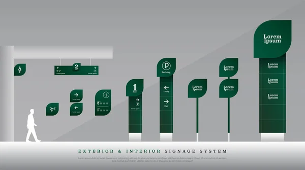 Exterieur Interieur Bewegwijzering Directionele Paal Verkeer Signage Systeem Ontwerpsjabloon Ingesteld — Stockvector