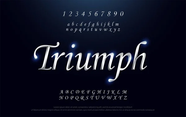 Elegantní Stříbrné Barevné Kov Chrome Abecedy Písmo Triumf Typografie Klasický — Stockový vektor