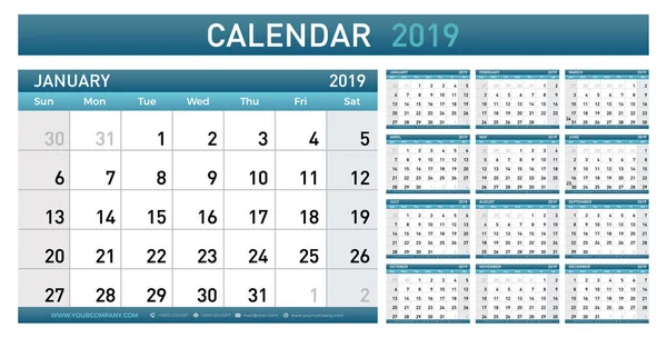 日历规划师2019年 简单的最小壁型日历模板 星期从星期日开始 矢量插画 — 图库矢量图片
