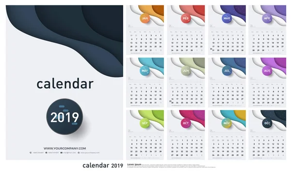 Calendário 2019 Gradientes Moda Estilo Origami Conjunto Páginas Calendário Mesa — Vetor de Stock