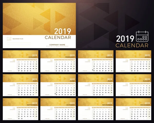 日历黄金规划师2019年 日历计划简单极小的墙壁和书桌类型日历模板 星期从星期日开始 — 图库矢量图片