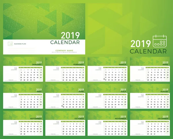 Calendário Verde Planner 2019 Ano Plano Calendário Simples Parede Mínima — Vetor de Stock