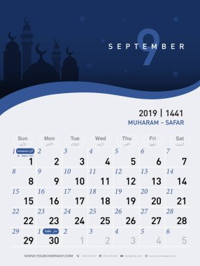 09 Eylül takvim 2019. Hicri 1440-1441 İslam tasarım şablonu. Basit en az resepsiyon ve duvar gece arka planda Camii ile yazın. Vector Illustrator