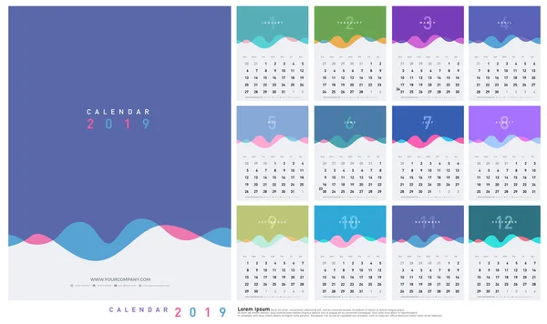 Calendário 2019 Gradientes Moda Onda Com Estilo Cor Pastel Conjunto — Vetor de Stock