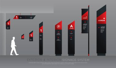 iç ve dış cephe tabela kavramı. Yön, kutup, wall mount ve trafik sinyal sistem tasarım şablonu kümesi. logo, metin, siyah ve kırmızı kurumsal kimlik için boş alan
