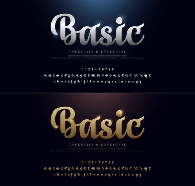Zarif altın ve gümüş renkli Metal krom alfabe yazı tipi kümesi. Tipografi klasik tarzı altın yazı tipi için logo, afiş, davetiye ayarla. vektör çizim