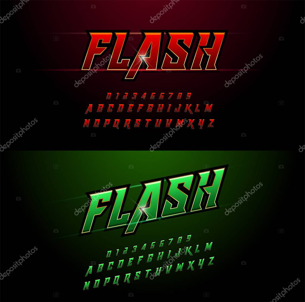 Alphabet red and green metallic and effect designs. Elegant golden letters typography italic font. technology, sport, movie, and sci-fi concept. vector illustrator