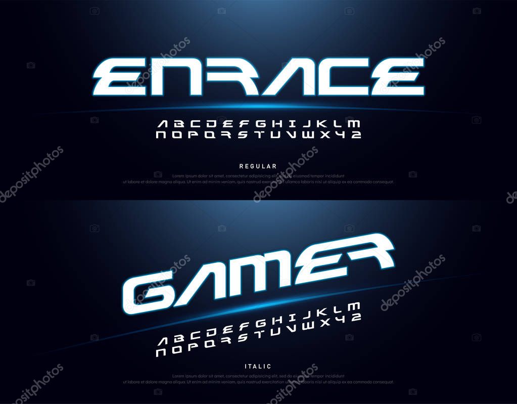 Technology space font and alphabet. techno neon effect fonts designs. Typography digital sci-fi concept. vector illustration