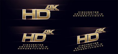 Zarif spor altın 3d Metal krom alfabe yazı tipi. Altın tipografi modern stil teknoloji, dijital, film logo tasarımı. vektör çizim