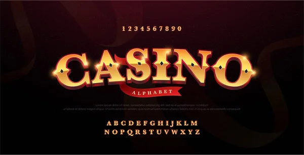 Casino luxury 3d alphabet gold logotype with royal font. Typography red and golden fonts letters uppercase and number. vector illustration