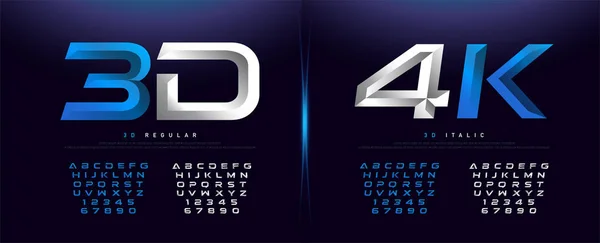 Elegante Argento Blu Metal Chrome Alfabeto Numero Carattere Tecnologia Tipografica — Vettoriale Stock