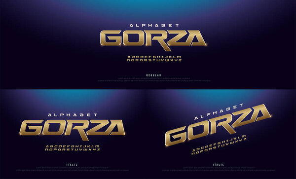 Elegant gold 3D Metal Chrome Alphabet Regular and Italic Font. Typography golden technology, digital, movie logo fonts. vector illustration