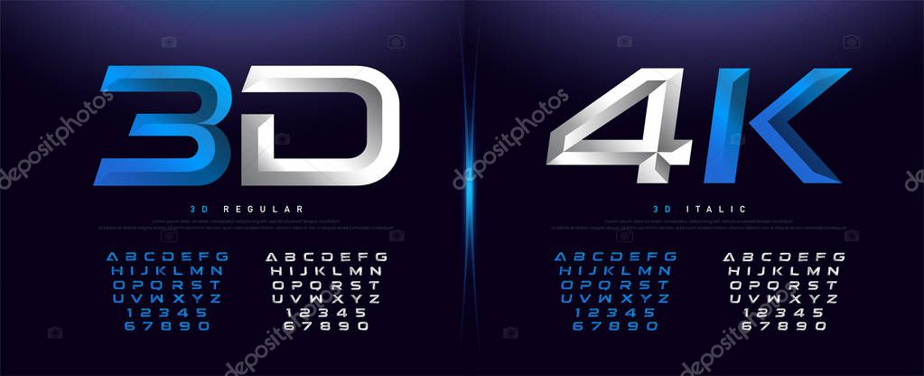 Elegant Silver And Blue 3D Metal Chrome Alphabet And Number Font. Typography technology, digital, movie logo fonts design. vector illustration