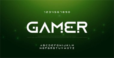 Soyut modern harfler alfabe ve sayılar yazı tipi kümesi. Teknoloji, kentsel, oyun, film tasarımı konsepti için tipografi. vektör illüstrasyon