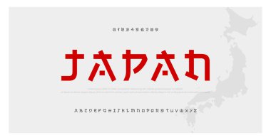 Japon modern tarzı alfabe yazı tipi yazı tipi. Tipografi japonya asya yazı tipleri ve numarası. İngilizce harfler büyük harf ve sayılar. Vektör İllüstrasyonu