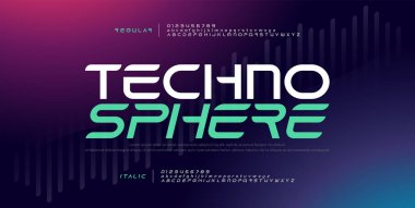 Techno dijital modern alfabe yazı tipleri. Tipografi elektronik teknoloji müzik gelecek yaratıcı yazı düzenli ve italik tasarım konsepti. vektör illustraion