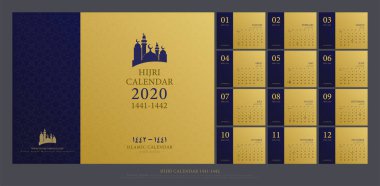 islamic calendar 2020 hijri 1441-1442 design template. Luxury elegant gold wall and desk type. artwork A5 size with islamic pattern template. vector illustration clipart