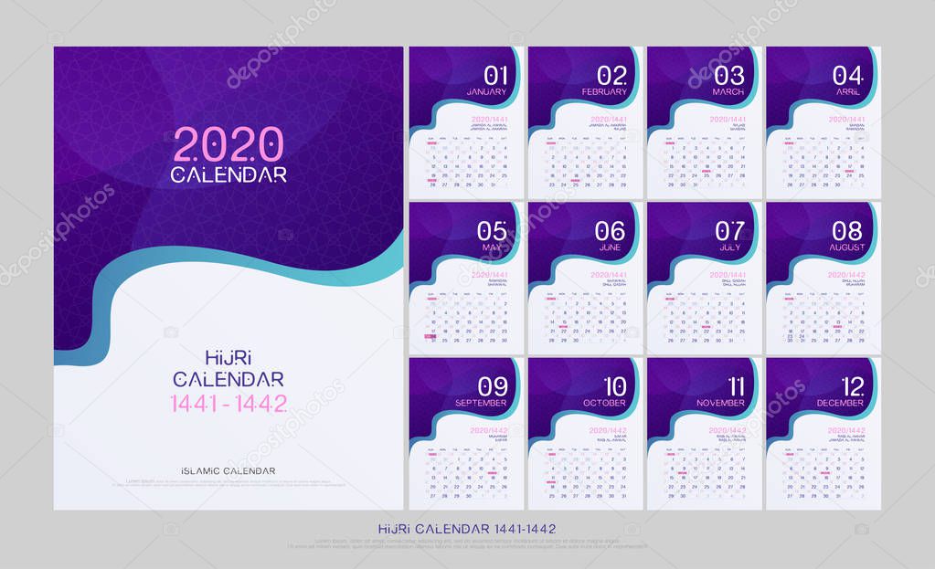 islamic calendar 2020 hijri 1441-1442 design template. Liquid flow fluid colors wall and desk type. artwork A5 size with islamic pattern template. vector illustration