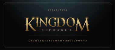 Zarif altın alfabe harfleri yazı tipi seti. Logo, film, oyun için Klasik Özel altın Yazı Tasarımları. Tipografi serif yazı tipleri klasik stil, normal büyük harf ve sayı. vektör illüstrasyon