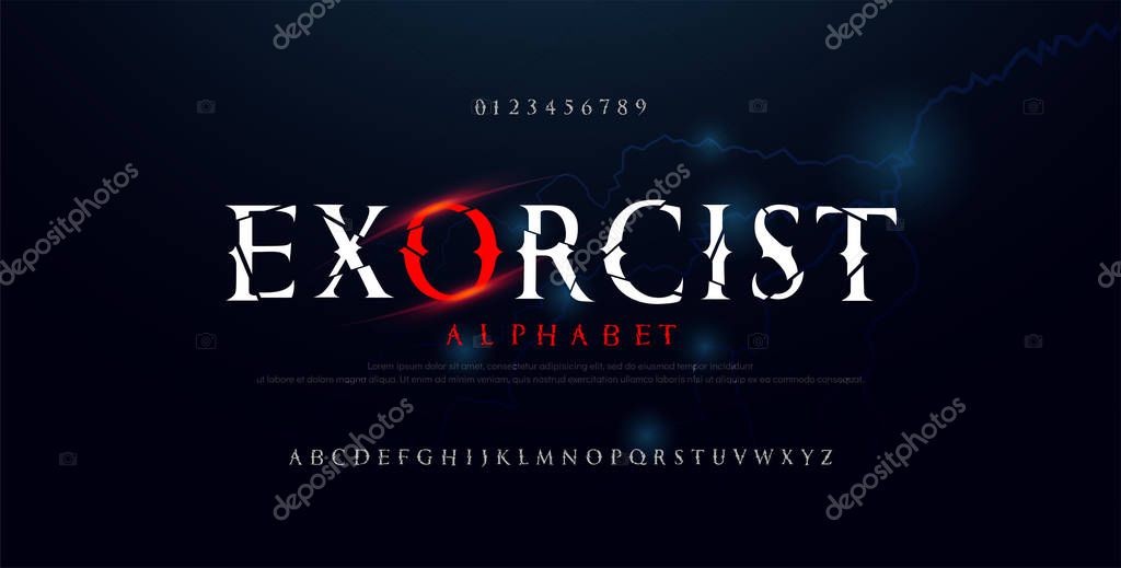 Horror scary movie alphabet font. Typography broken design for halloween logo game fonts and number with strom strike lightning thunderbolt background. vector illustration