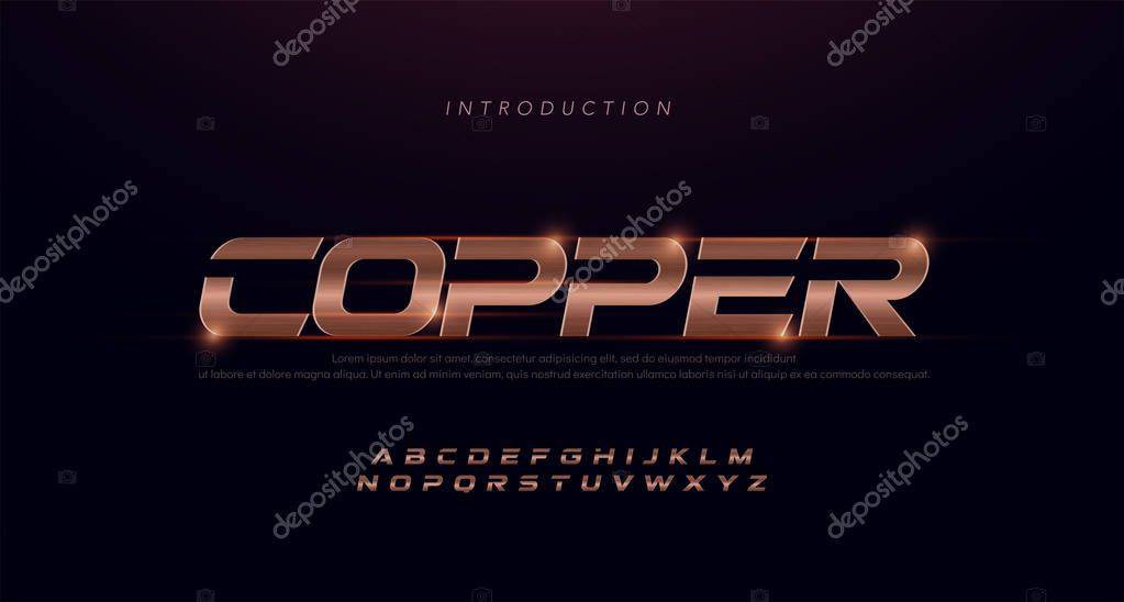 Sport Modern Italic Alphabet copper Font. Typography 3D stainless hairline copper fonts for technology, digital, movie, sport logo design. vector illustration