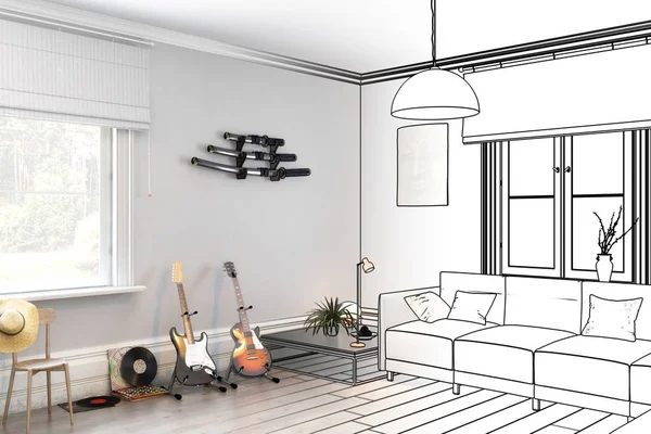 Gitarren Wohnzimmer Entwurf Visualisierung — Stockfoto