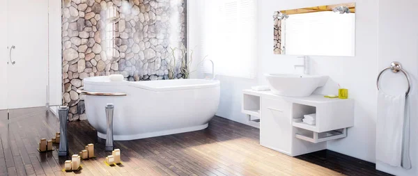 Attic Bathroom Design Panoramic Visualization Stock Photo